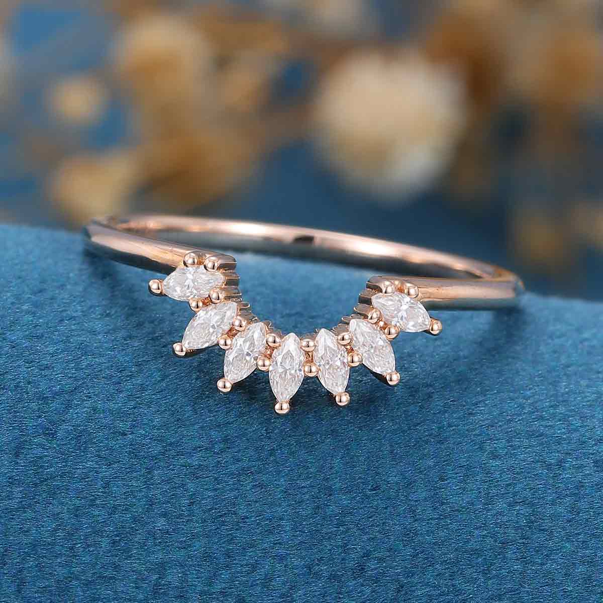 Marquise Moissanite | Diamond Curved Wedding Band Ring