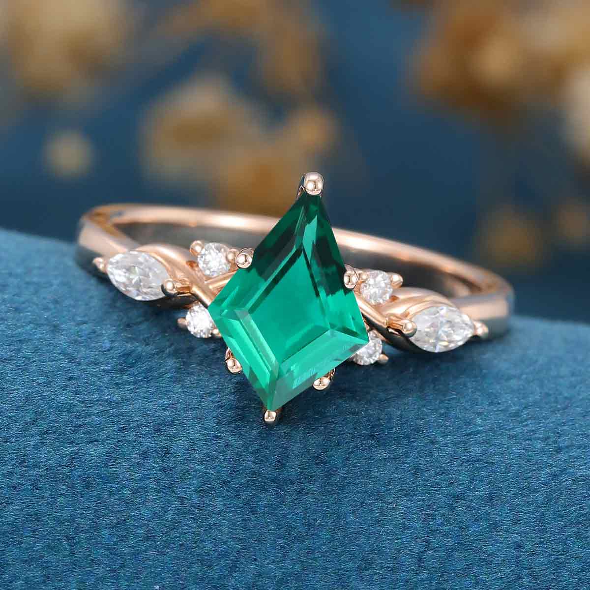 Kite Cut Lab Emerald Cluster Engagement Ring