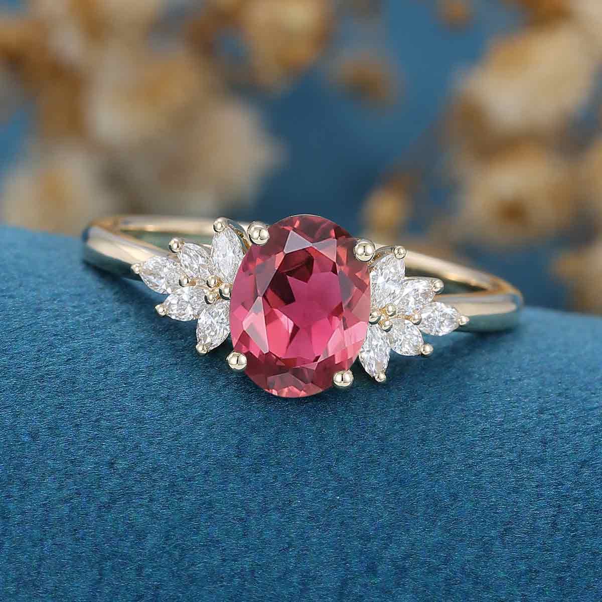 Oval cut Tourmaline Cluster Engagement Ring