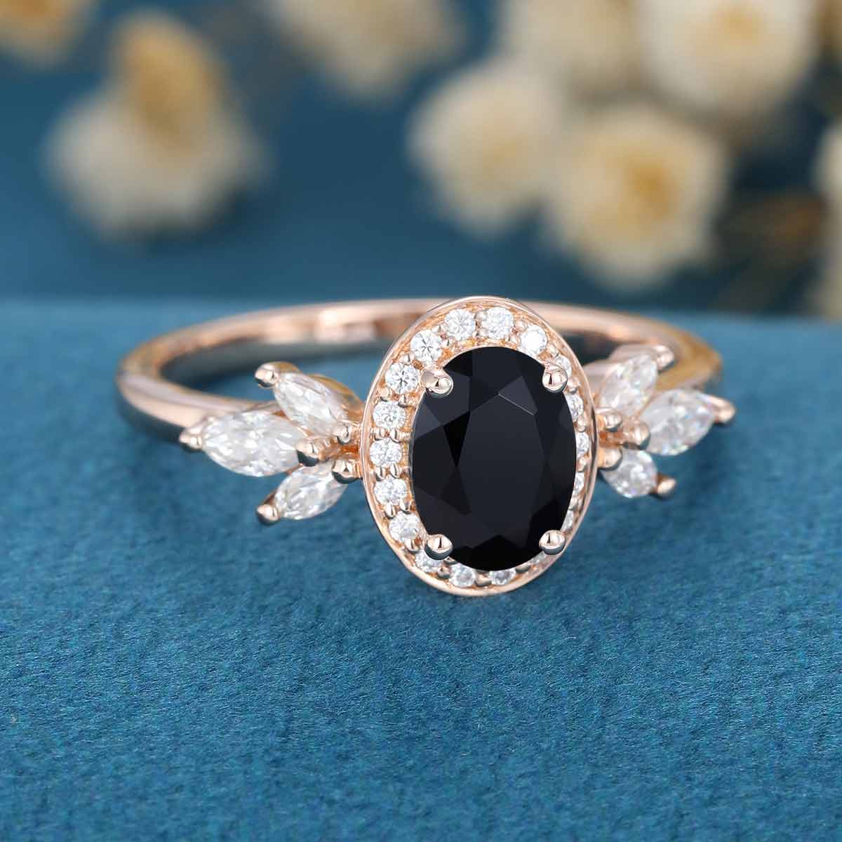 Oval cut Black Onyx Cluster Engagement Ring