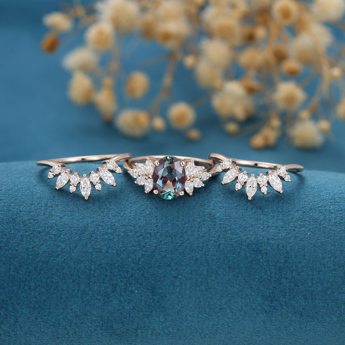 3PCS Oval cut Alexandrite Cluster Engagement Ring Set