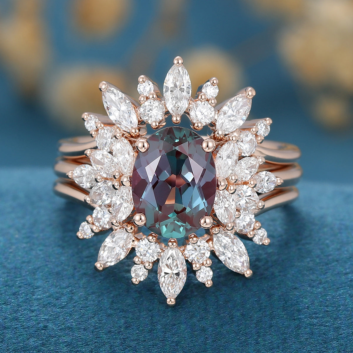 3PCS Oval cut Alexandrite Cluster Engagement Ring Set