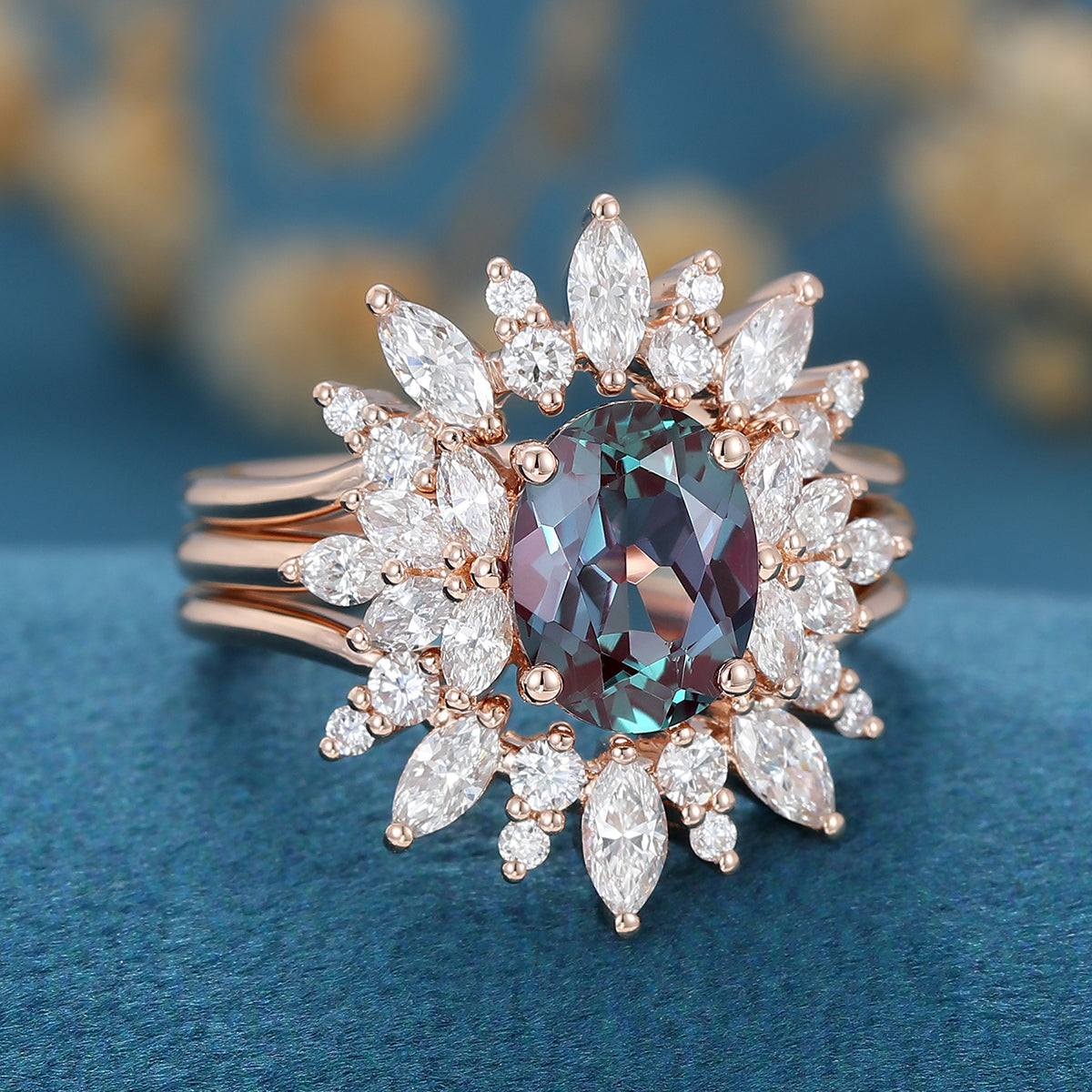 3PCS Oval cut Alexandrite Cluster Engagement Ring Set