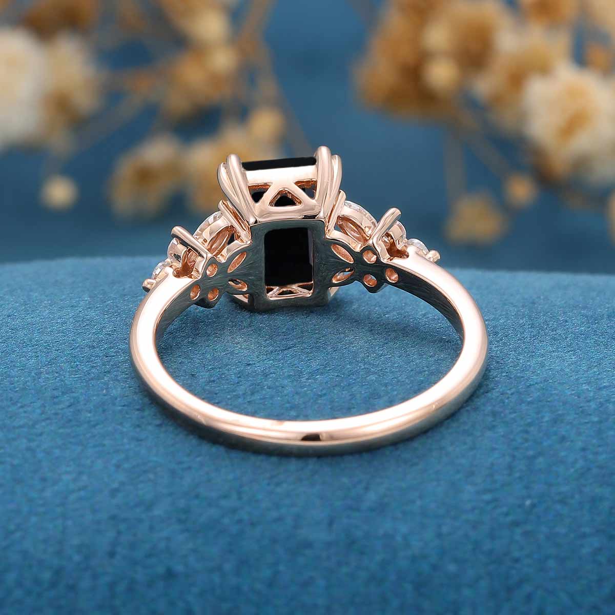 Emerald cut Black Onyx Cluster Engagement Ring