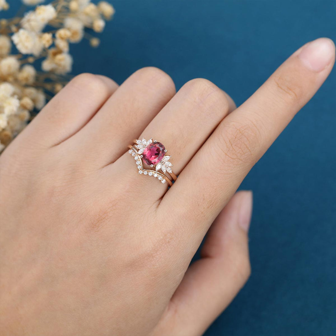 Oval cut Tourmaline Cluster Engagement ring Bridal Set