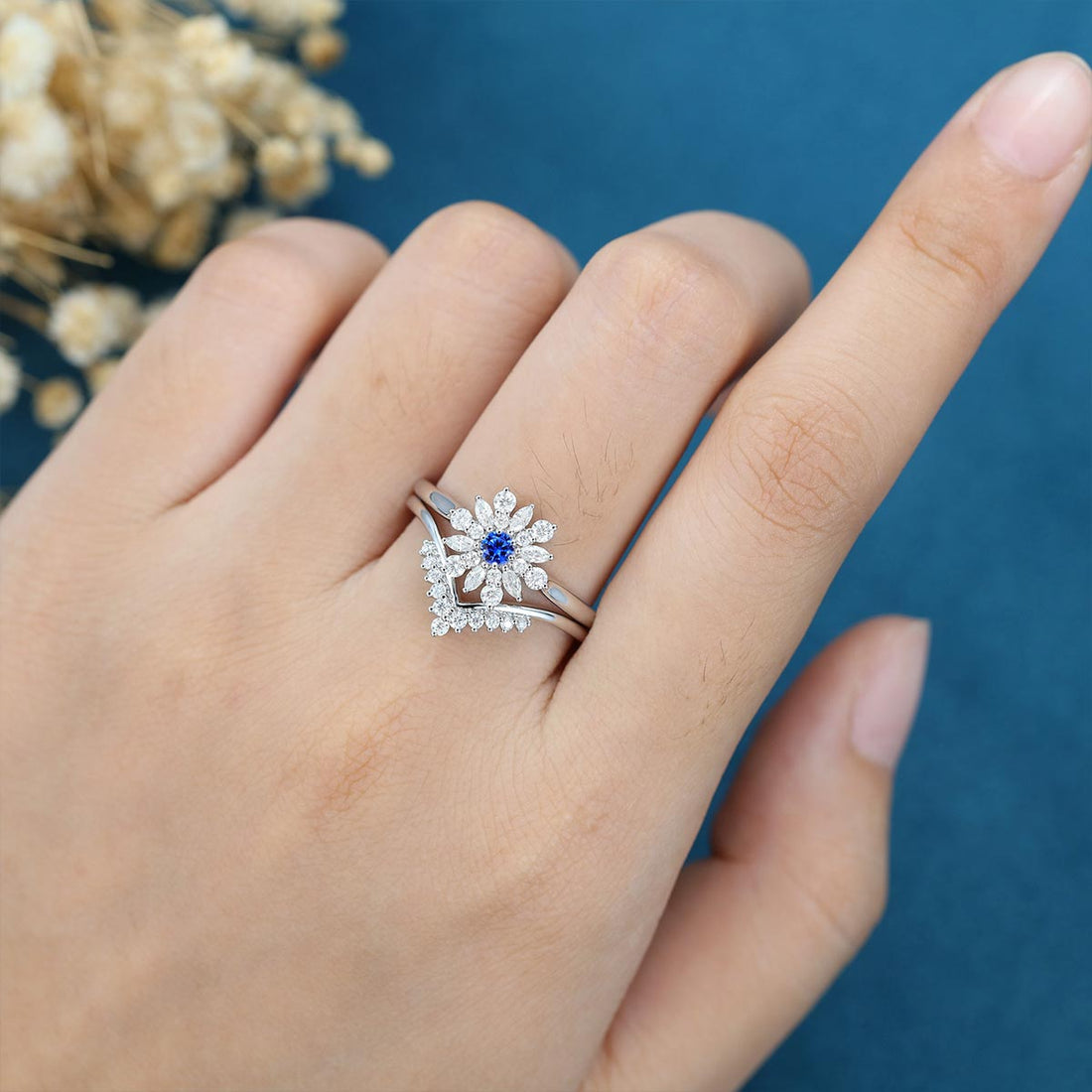 Round Cut Lab Sapphire Halo Engagement ring Bridal Set