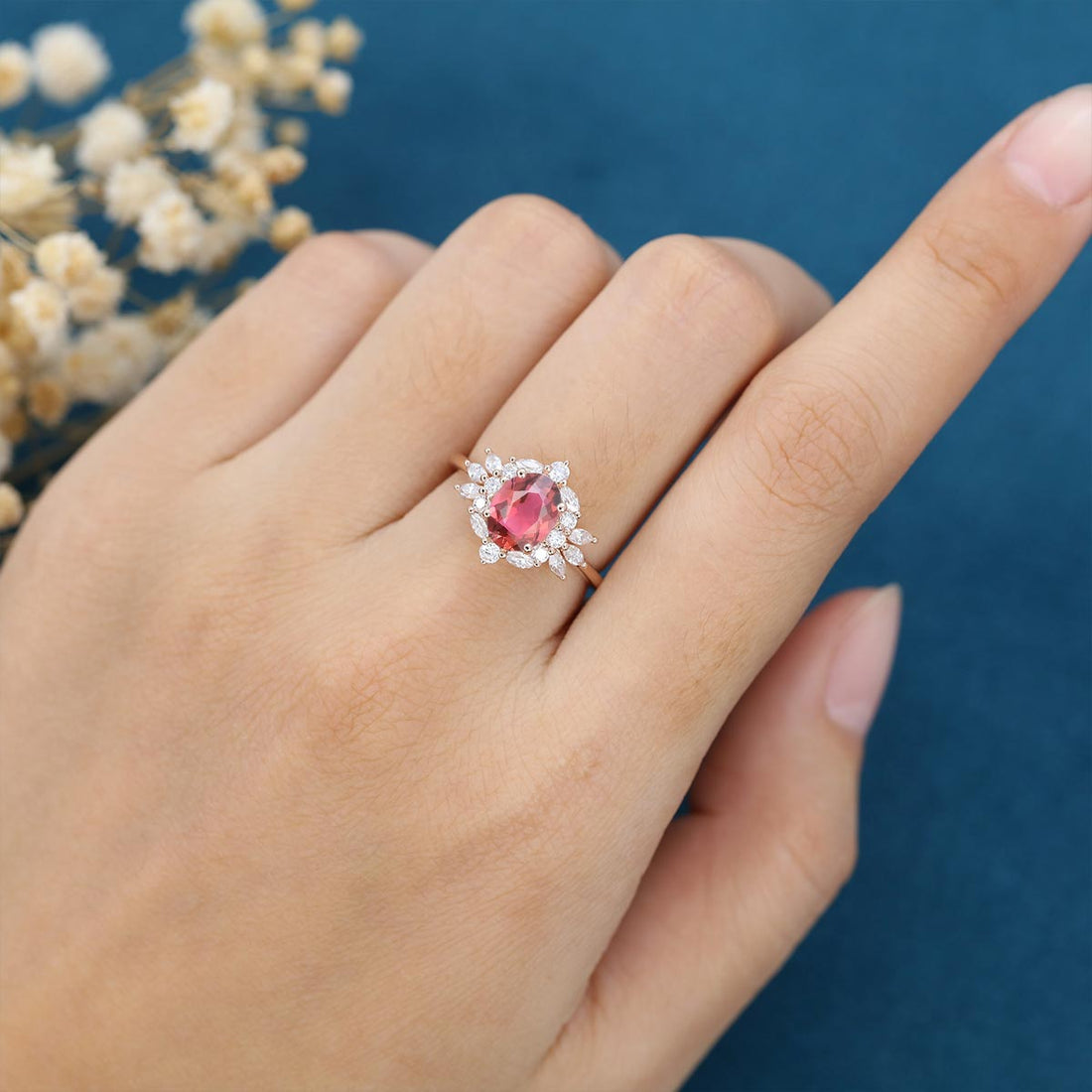 Oval cut Tourmaline Cluster Engagement ring