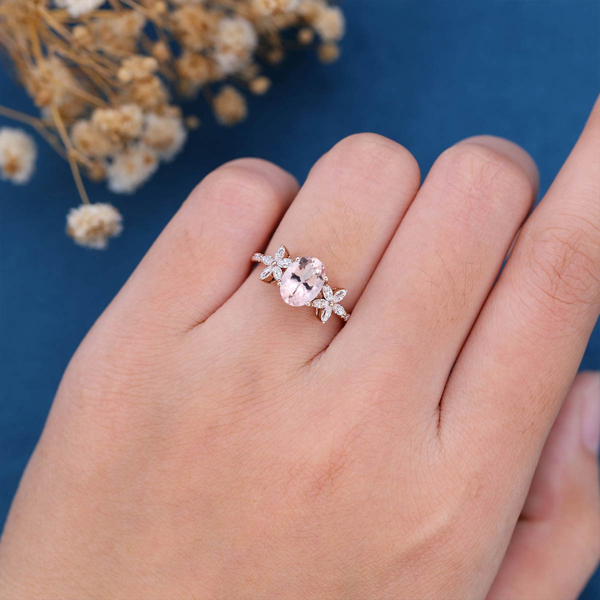 Oval cut Morganite Cluster Engagement Ring