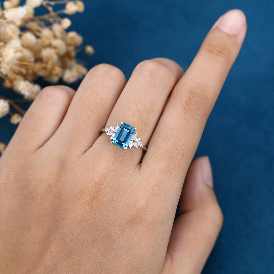 6*9mm Emerald cut London Blue Topaz Cluster Engagement Ring