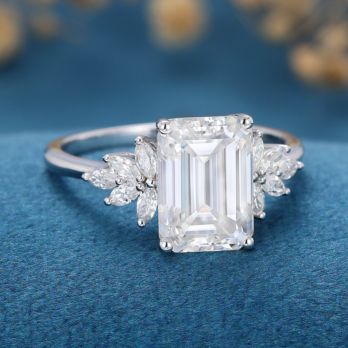 6*9mm 2.25 Carat Emerald cut Moissanite Cluster Engagement Ring