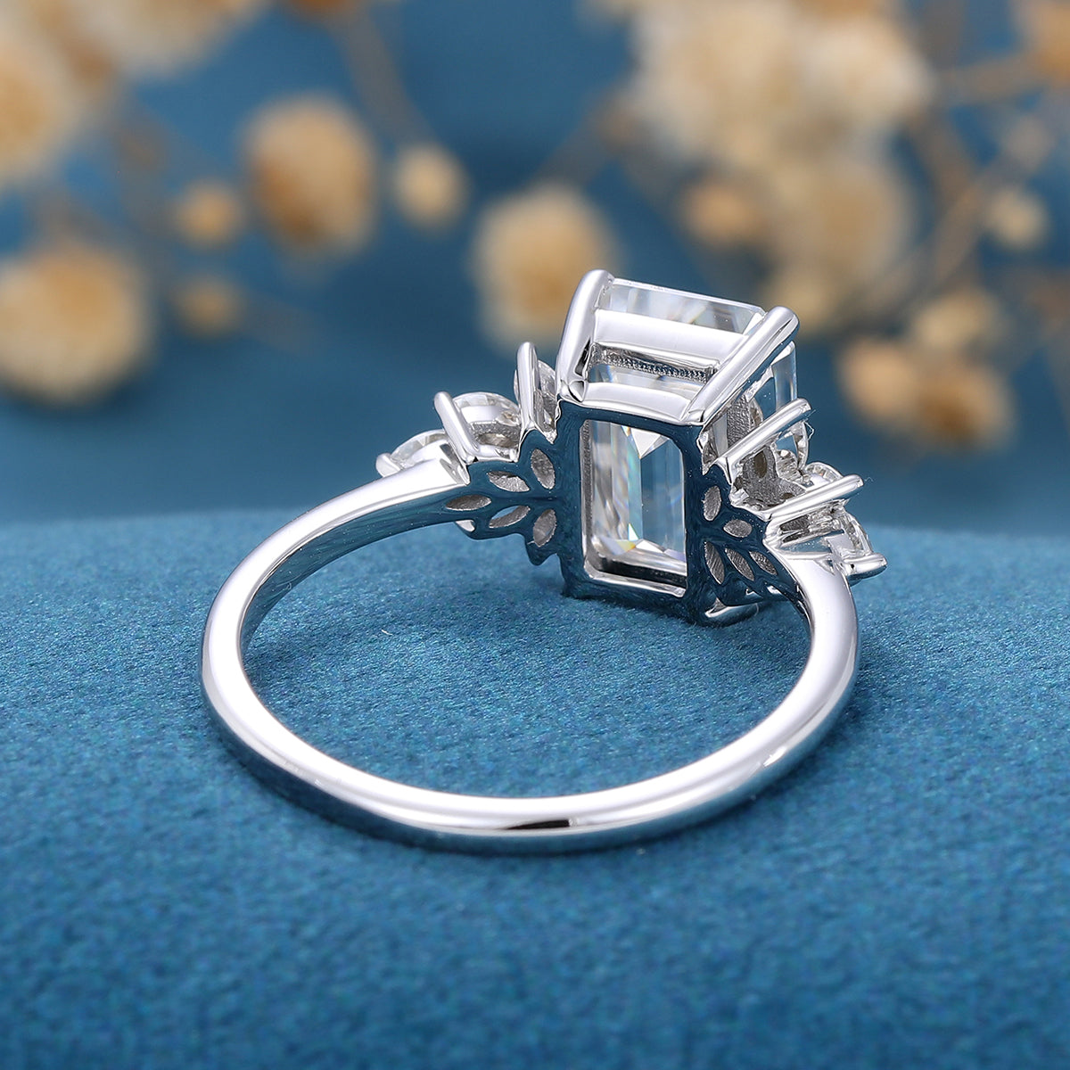 6*9mm 2.25 Carat Emerald cut Moissanite Cluster Engagement Ring