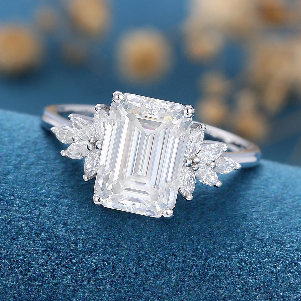 6*9mm 2.25 Carat Emerald cut Moissanite Cluster Engagement Ring