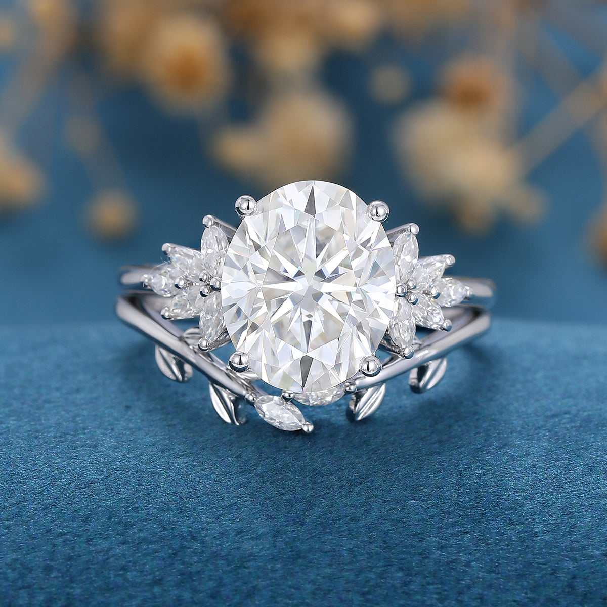 9*11mm Oval cut Moissanite Cluster Engagement ring Bridal Set