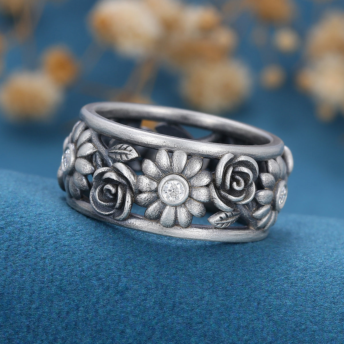 Antique Silver 925 Flower ring moissanite wedding band