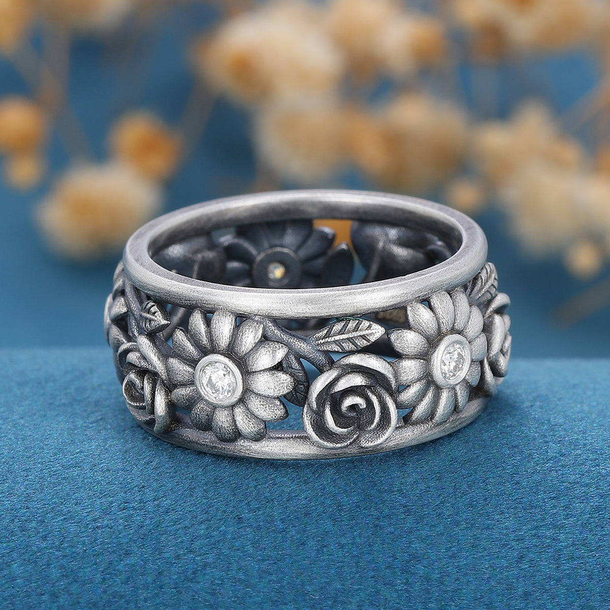 Antique Silver 925 Flower ring moissanite wedding band
