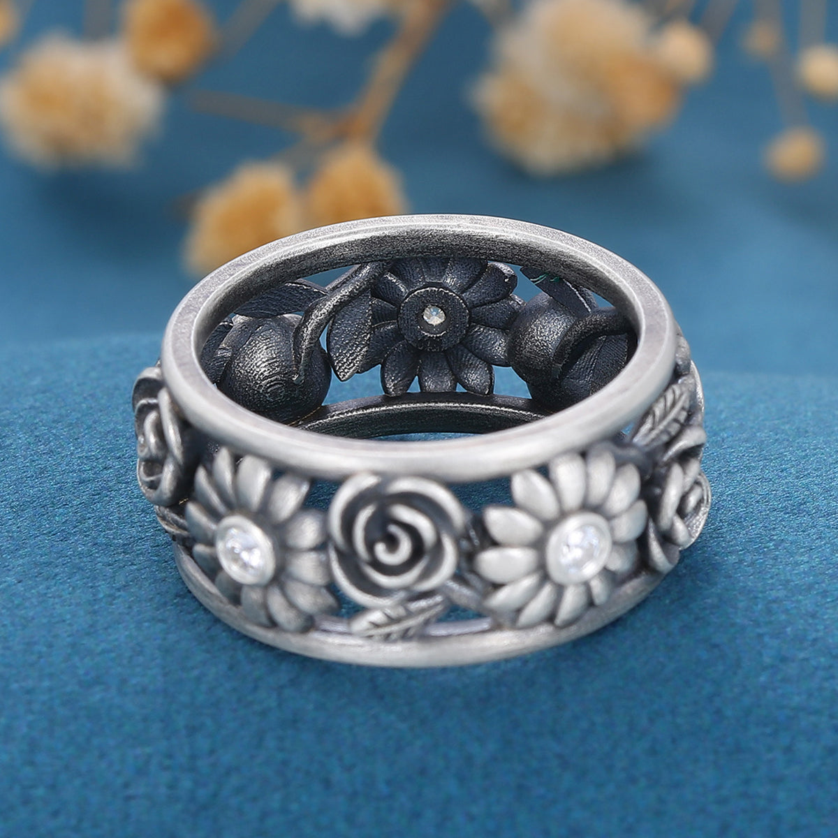 Antique Silver 925 Flower ring moissanite wedding band