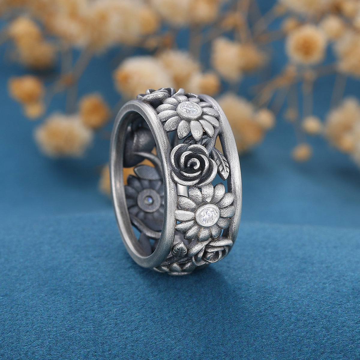 Antique Silver 925 Flower ring moissanite wedding band