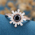Round Black Onyx | Diamond Flower Baguette Engagement ring