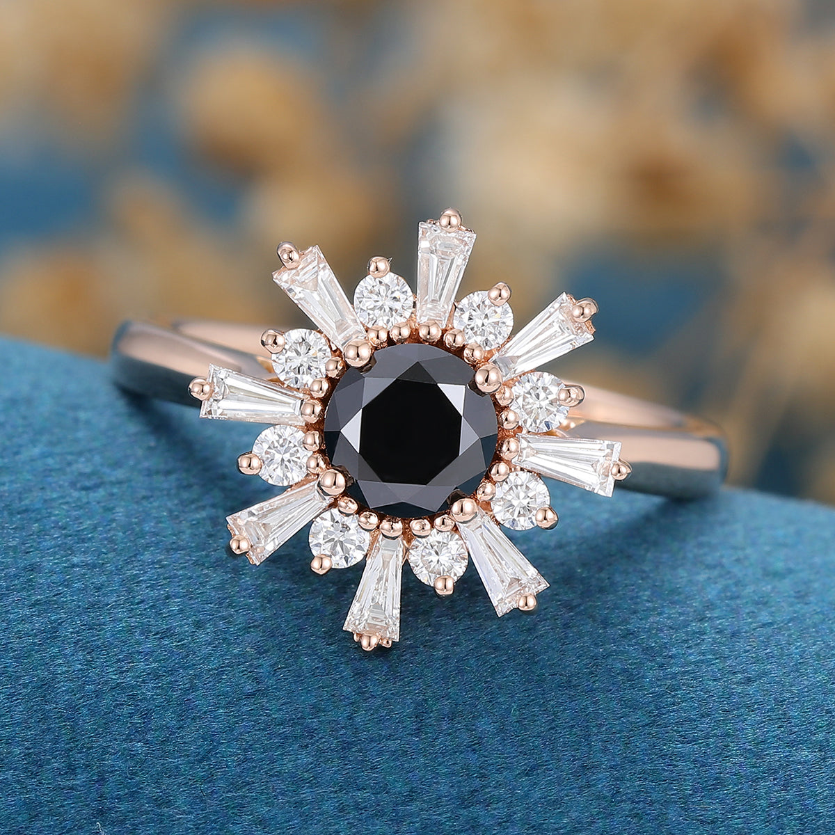 Round Black Onyx | Diamond Flower Baguette Engagement ring