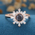 Round Black Onyx | Diamond Flower Baguette Engagement ring