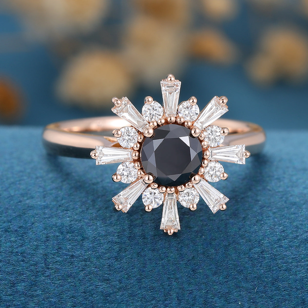 Round Black Onyx | Diamond Flower Baguette Engagement ring