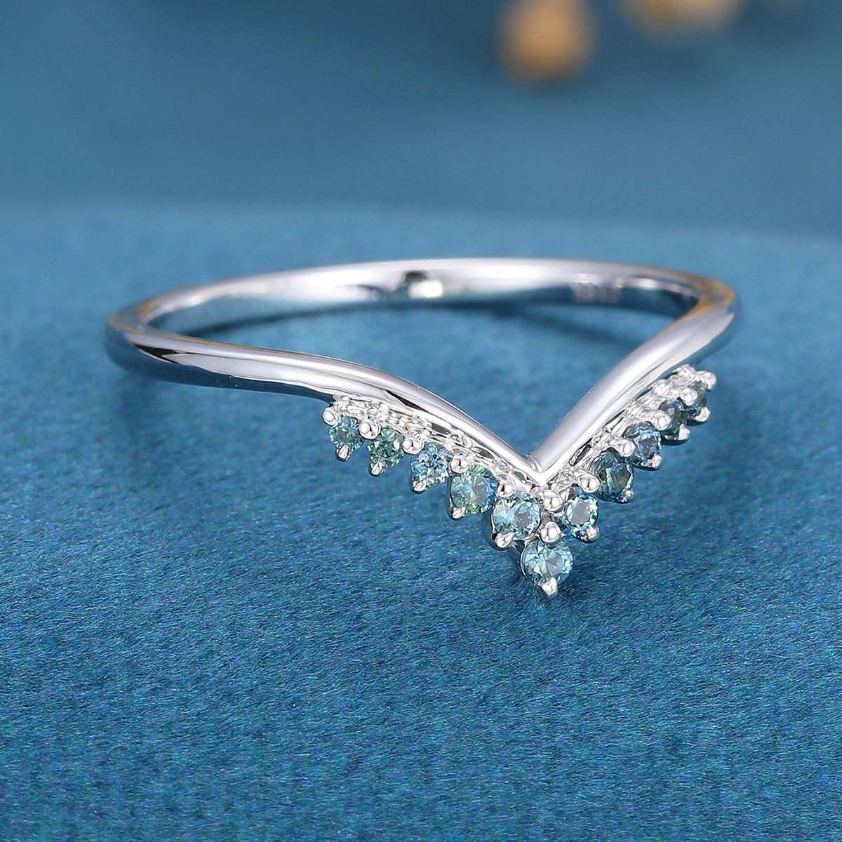 Blue-Green Sapphire Curved Wedding Band Ring