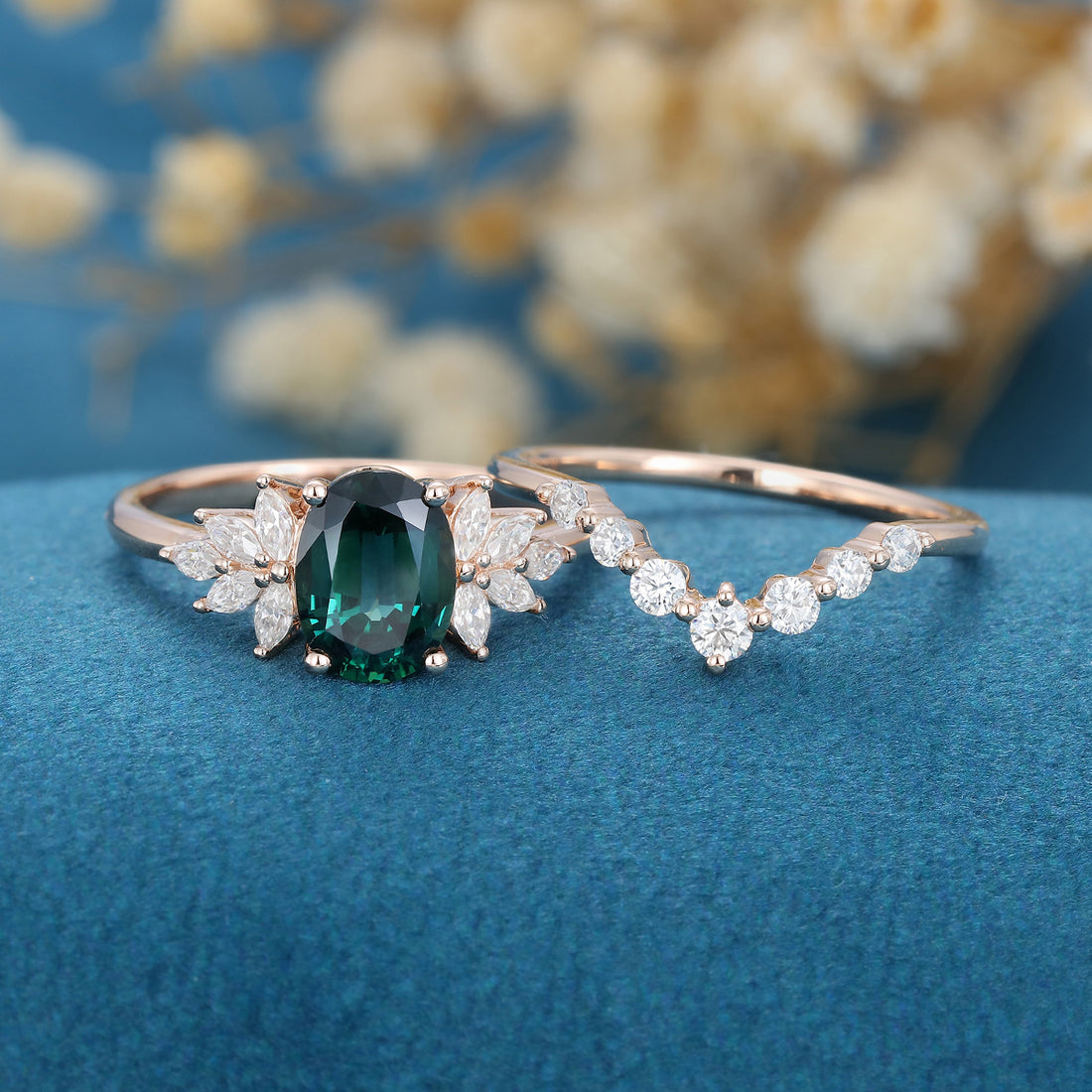 Oval Blue-Green Sapphire Cluster Engagement ring Bridal Set