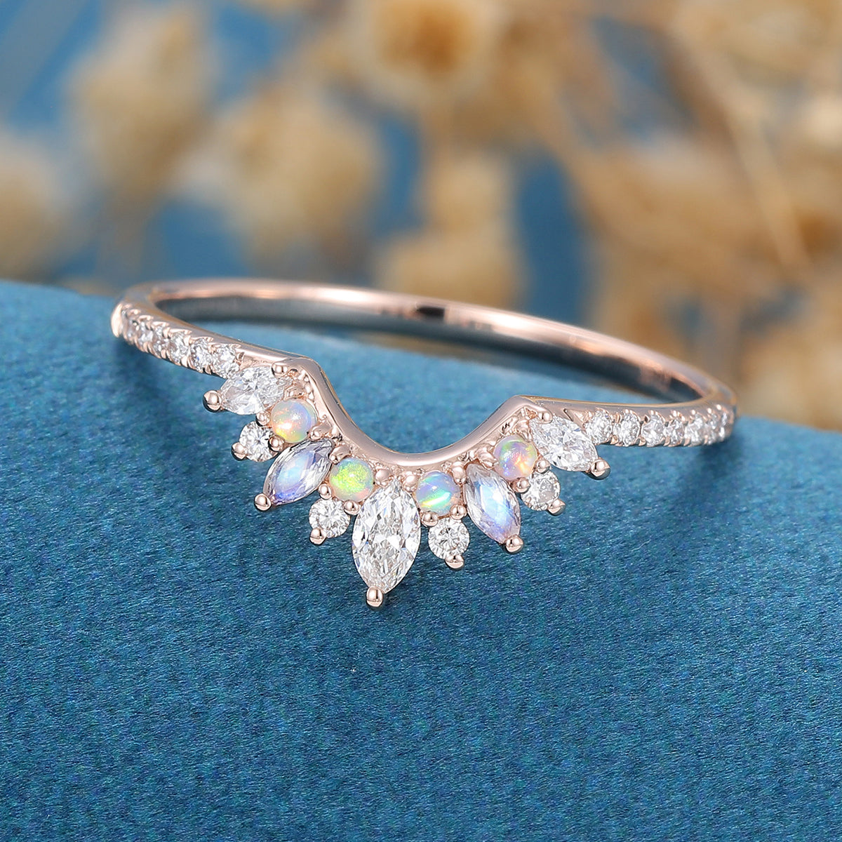 Moissanite | Opal | Moonstone Curved Wedding Band Ring