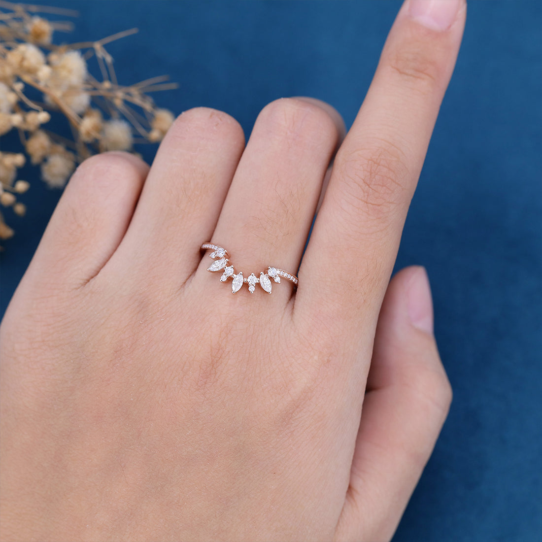 Marquise cut Moissanite /Diamond Curved Wedding Band Ring