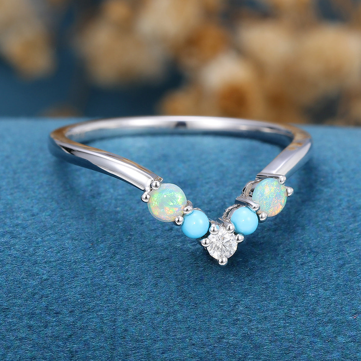 Opal | Turquoise | Moissanite Wedding Band Ring