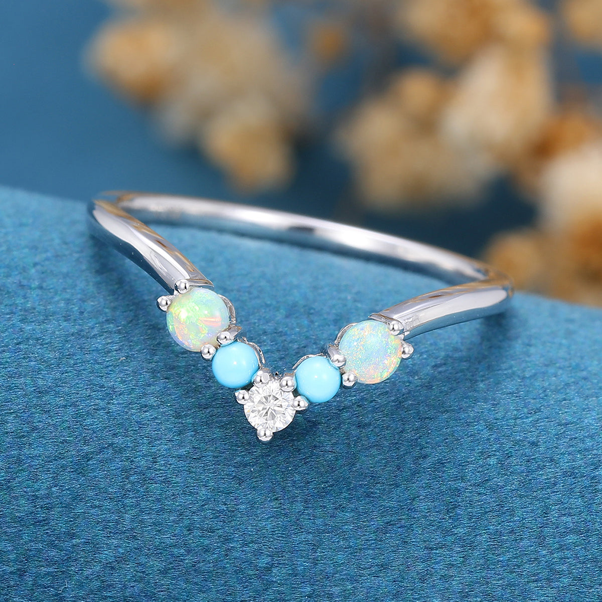 Opal | Turquoise | Moissanite Wedding Band Ring