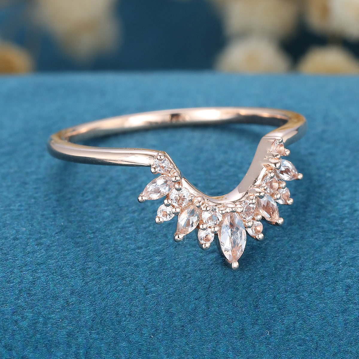 Marquise cut moonstone | Round Diamond Curved Wedding Band Ring