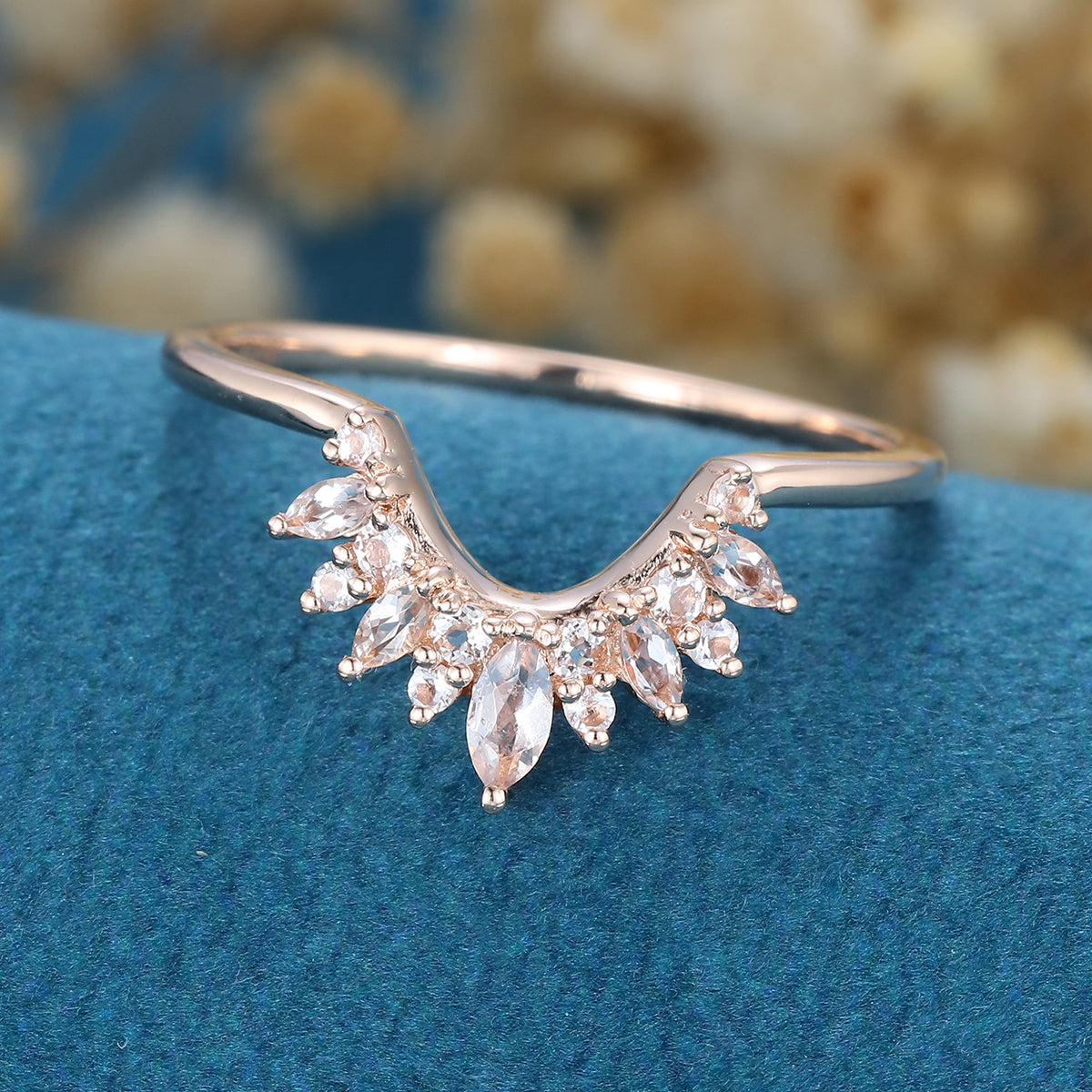 Marquise cut moonstone | Round Diamond Curved Wedding Band Ring