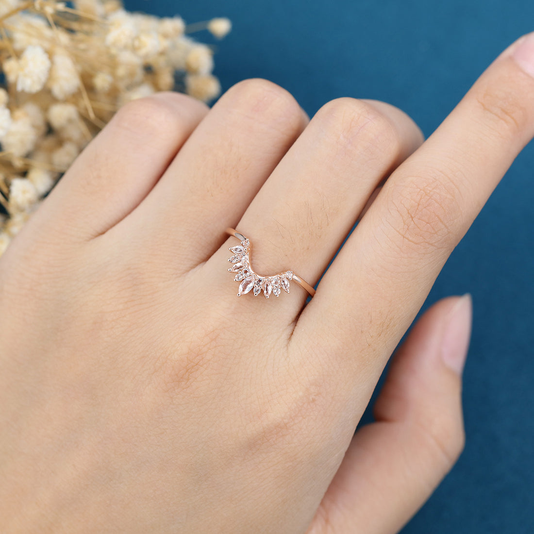 Marquise cut moonstone | Round Diamond Curved Wedding Band Ring