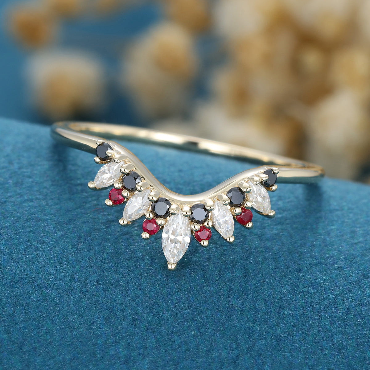 Marquise Moissanite | Black Diamond Curved Wedding Band Ring