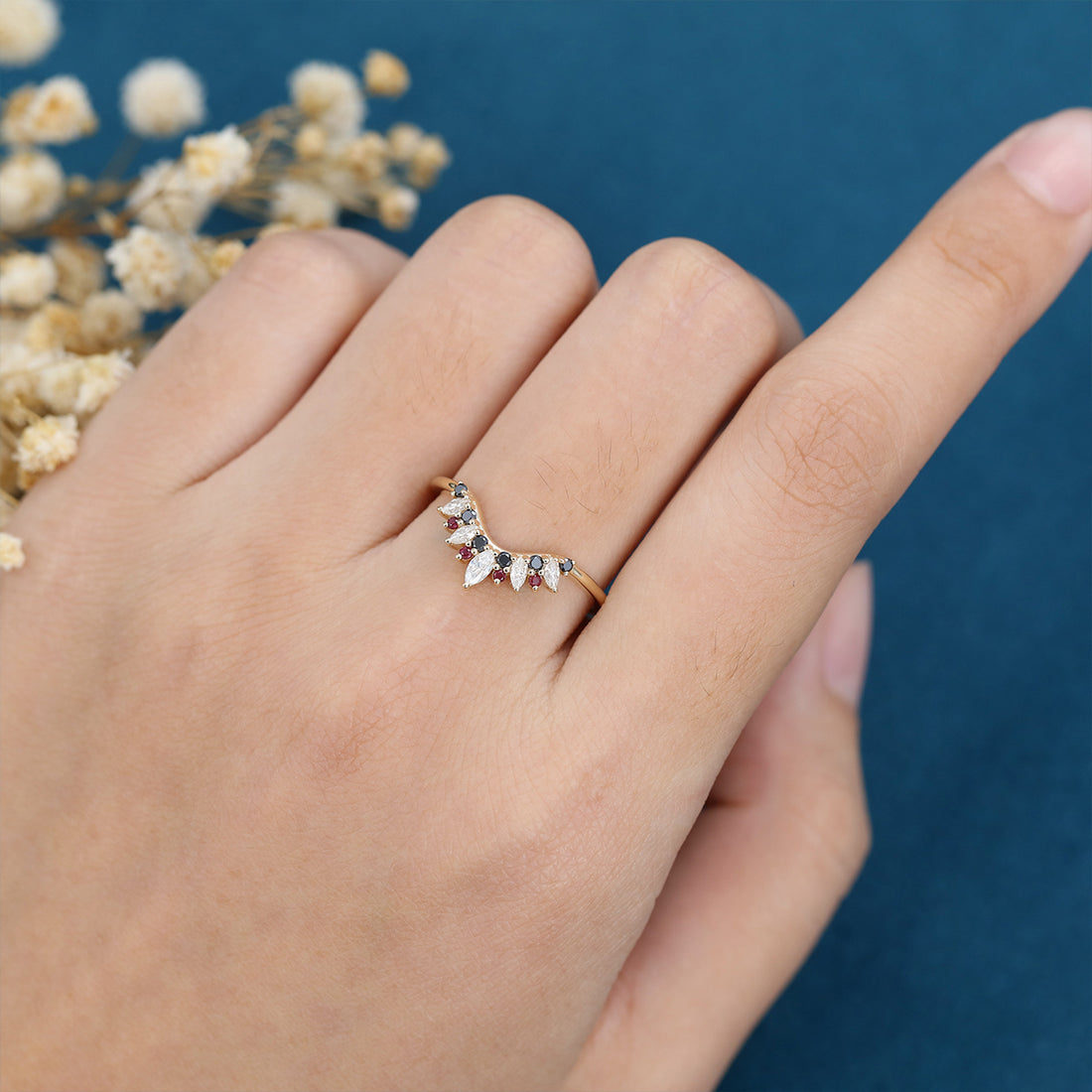 Marquise Moissanite | Black Diamond Curved Wedding Band Ring