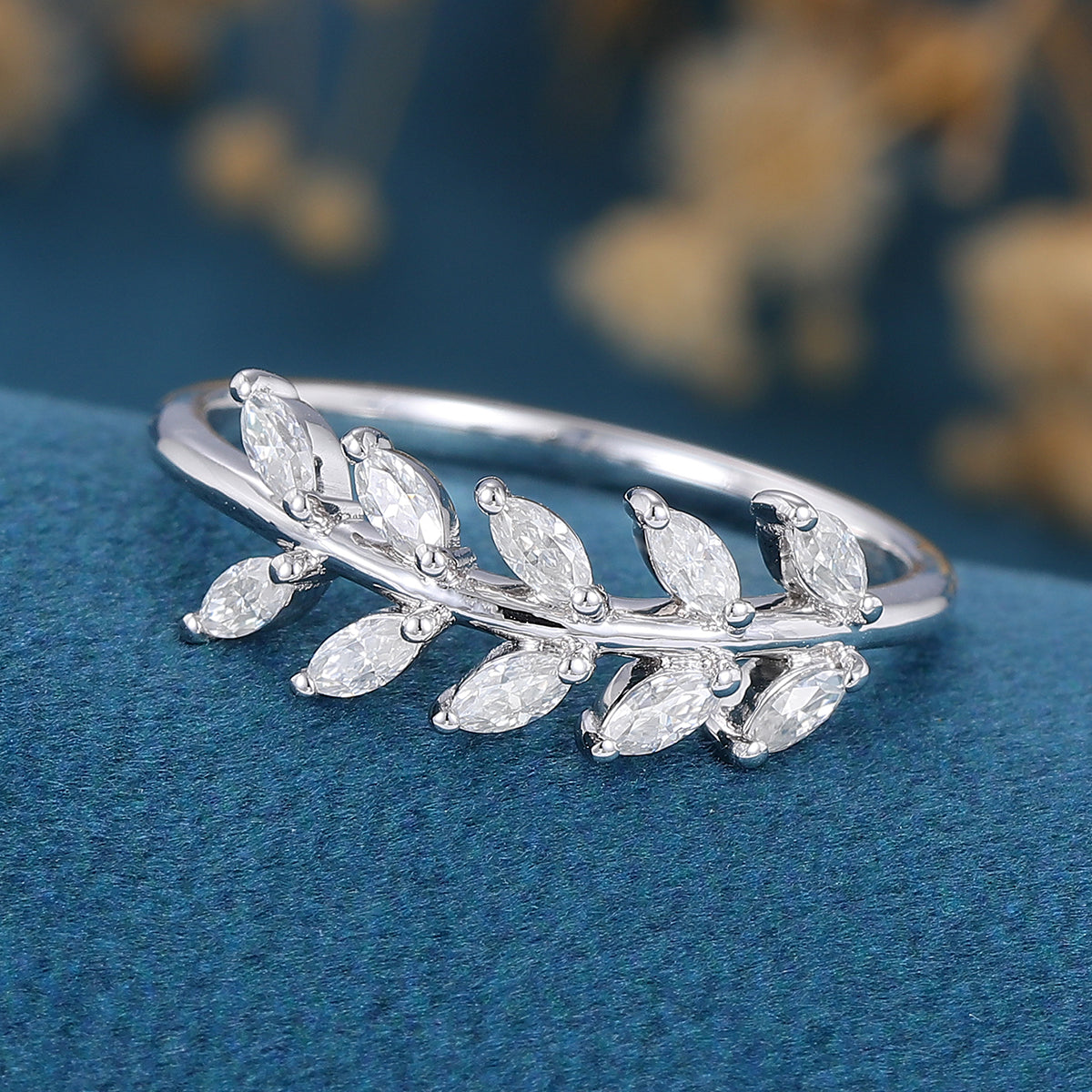 Marquise cut Moissanite | Diamond Leaf Wedding (Anniversary)Band