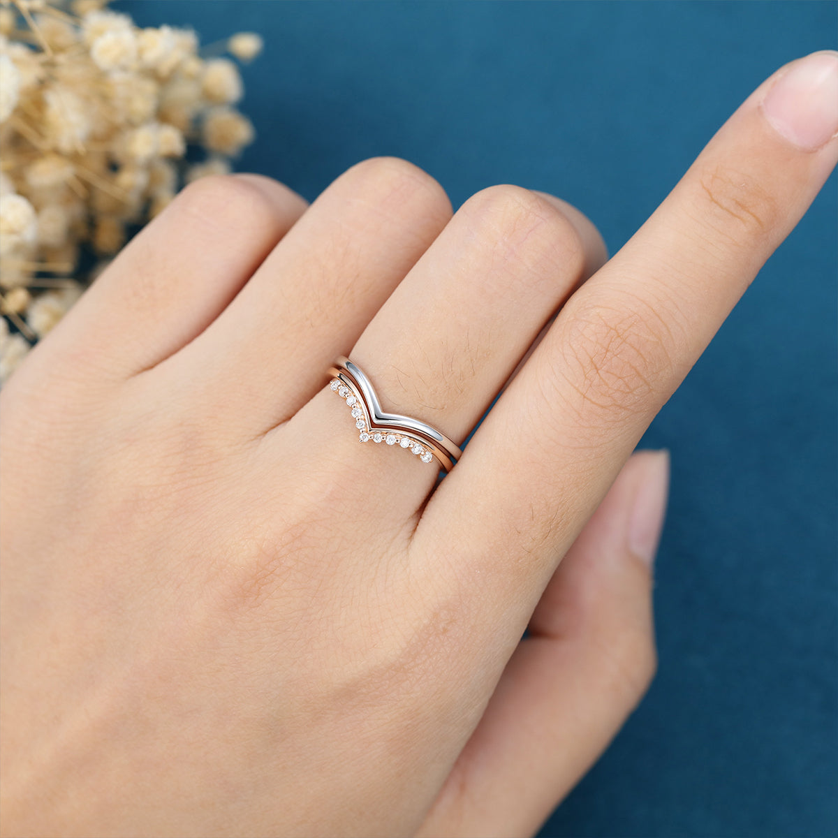 Double Diamond Curve Wedding Band Matching Engagement ring