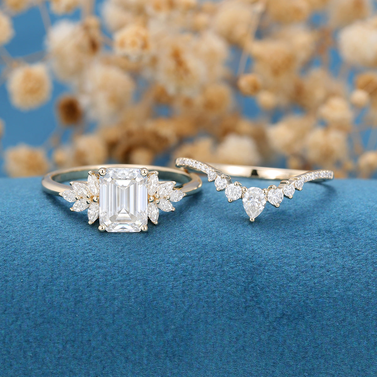 Emerald cut Moissanite Cluster Engagement ring Bridal Set