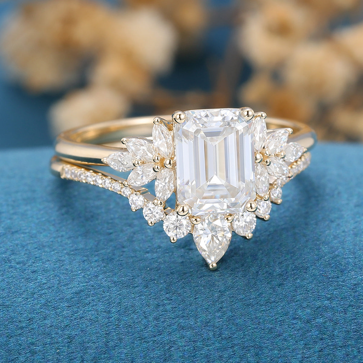 Emerald cut Moissanite Cluster Engagement ring Bridal Set
