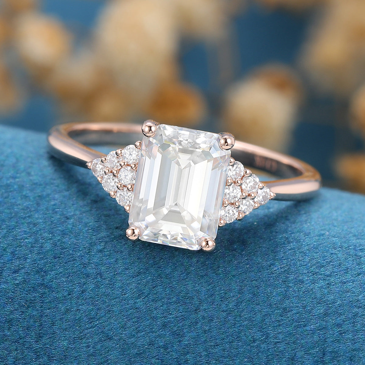 Emerald cut Moissanite  Cluster Engagement Ring
