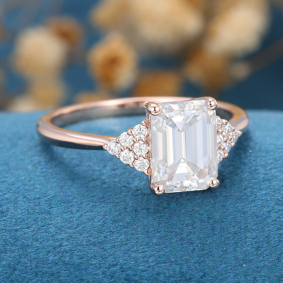 Emerald cut Moissanite  Cluster Engagement Ring