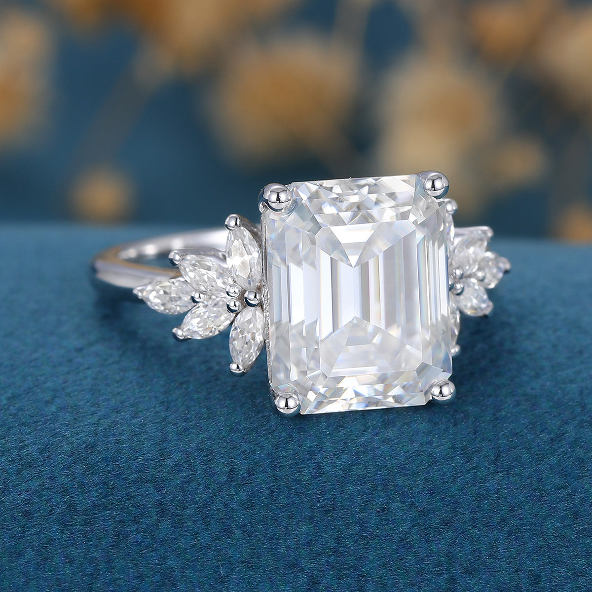 7*10mm 2.5 Carat Emerald cut Moissanite Cluster Engagement Ring