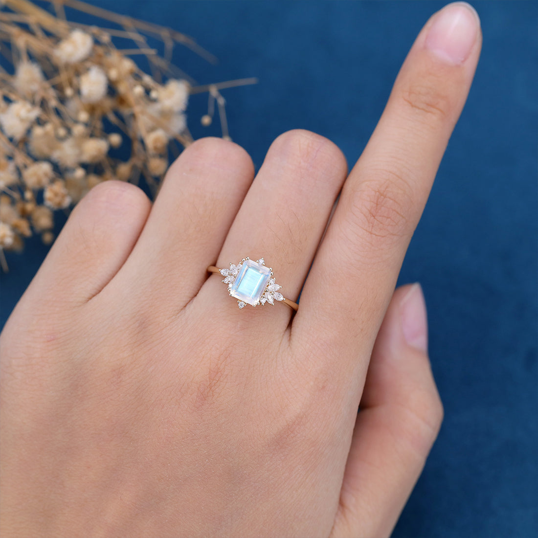Emerald cut Moonstone Cluster Engagement Ring