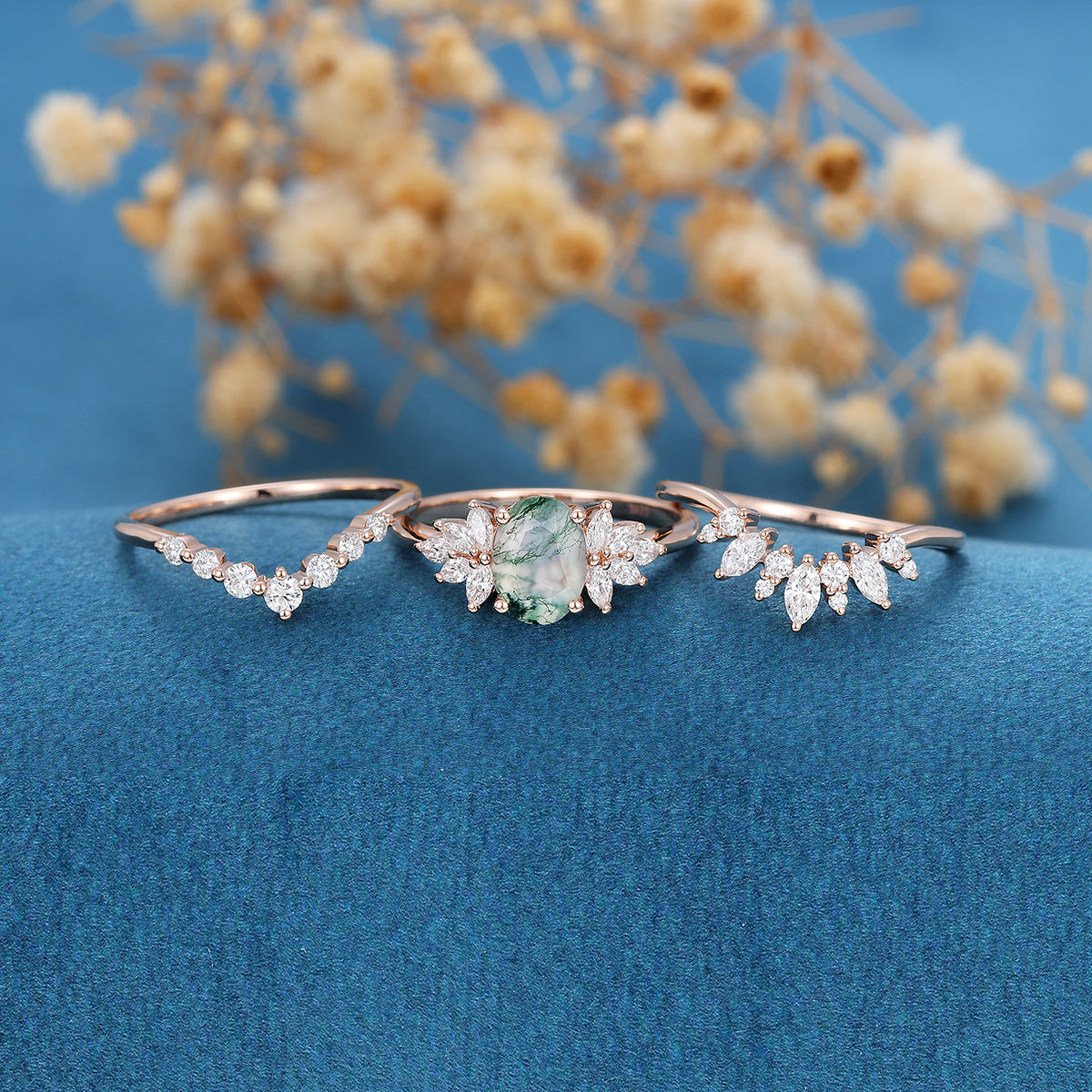 Natural Green Moss Agate 3PCS Oval cut Engagement rings Bridal Sets