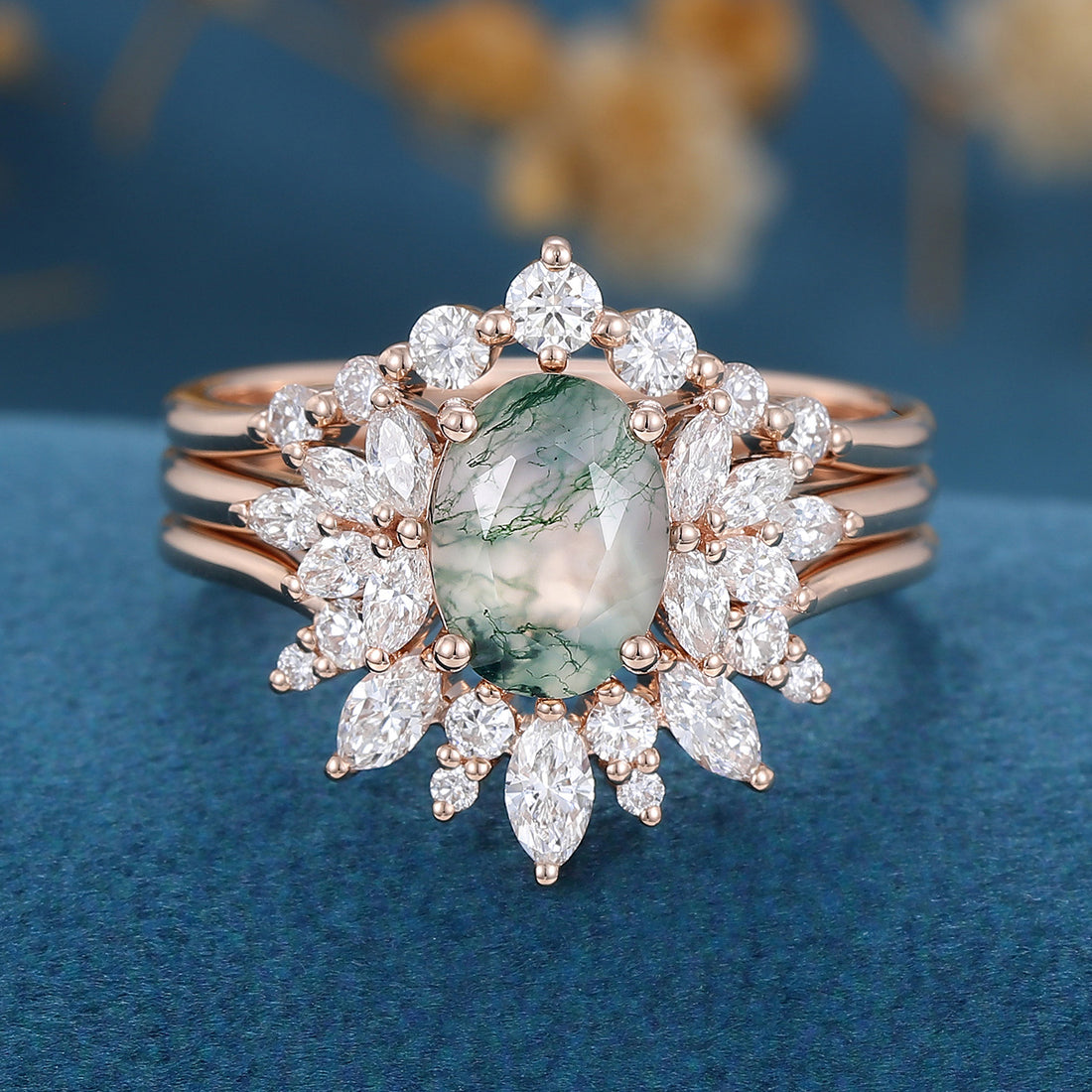 Natural Green Moss Agate 3PCS Oval cut Engagement rings Bridal Sets
