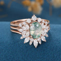 Natural Green Moss Agate 3PCS Oval cut Engagement rings Bridal Sets