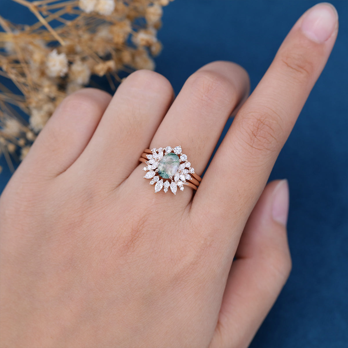 Natural Green Moss Agate 3PCS Oval cut Engagement rings Bridal Sets