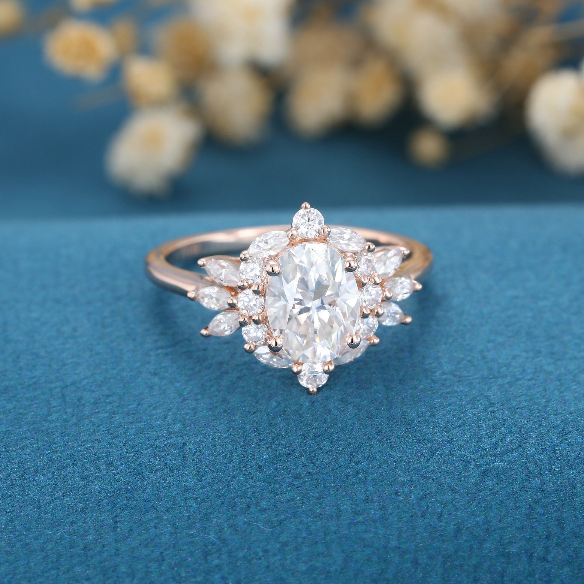 Oval cut Moissanite Cluster Engagement ring