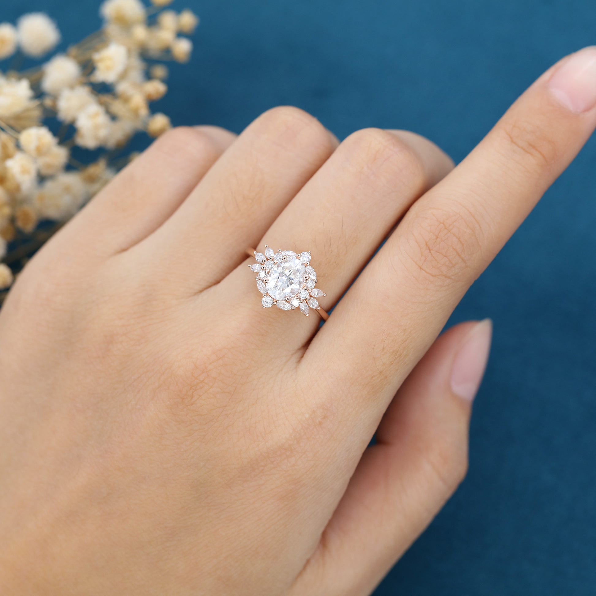 Oval cut Moissanite Cluster Engagement ring